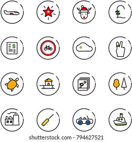 line vector icon set - small plane vector, christmas star, deer hat, pound, account statement, no bike road sign, cloud, victory, sea turtle, bungalow, photo, forest, plant, awl, toy car, boat