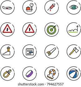 line vector icon set - small plane vector, baggage scales, firework rocket, eye, intersection road sign, target, growth, success, terms plan, saw, axe, side cutters, tambourine, teethers, beach ball