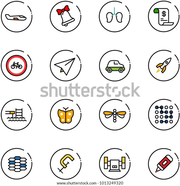 line vector\
icon set - small plane vector, bell, lungs, account history, no\
bike road sign, paper, car, rocket, pool, butterfly, dragonfly,\
circuit, carbon, clamp, sharpening,\
marker