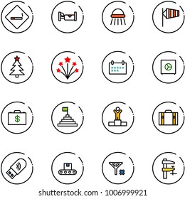 line vector icon set - smoking area sign vector, hotel, shower, side wind, christmas tree, firework, schedule, safe, money case, pyramid flag, winner, suitcase, usb wi fi, conveyor, no signal, clamp