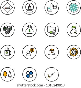 line vector icon set - smoking area sign vector, snowball tree, tonometer, lemon slice, big cash, money bag, shared folder, manager, green tea, dialog, bungalow, hand wheel, forest, atom core