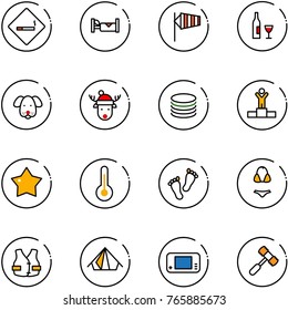 line vector icon set - smoking area sign vector, hotel, side wind, wine, dog, christmas deer hat, coin, winner, star medal, thermometer, feet, swimsuit, life vest, tent, game console, toy hammer