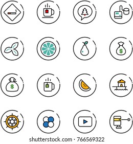 line vector icon set - smoking area sign vector, tea, merry christmas message, tonometer, three leafs, lemon slice, pear, money bag, green, watermelone, bungalow, hand wheel, atom core, playback