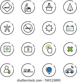 line vector icon set - smoking area sign vector, baby room, recieptionist, christmas tree, gymnastics, no, virus, schedule, safe, money case, hand cursor, delete cross, winner, swimming, globe