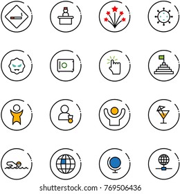line vector icon set - smoking area sign vector, recieptionist, firework, virus, safe, hand touch, pyramid flag, success, winner, drink, swimming, globe