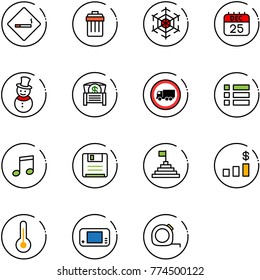 line vector icon set - smoking area sign vector, trash bin, snowflake, 25 dec calendar, snowman, money chest, no truck road, menu, music, save, pyramid flag, dollar chart, thermometer, game console