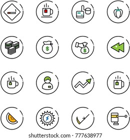 line vector icon set - smoking area sign vector, tea, tonometer, sweet pepper, big cash, money bag, encashment, fast backward, hot, manager, growth arrow, green, watermelone, sun power, scythe