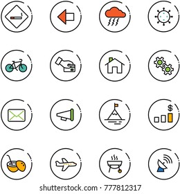 line vector icon set - smoking area sign vector, left arrow, storm, virus, bike, card pay, home, gear, mail, speaker horn, mountain, dollar chart, coconut cocktail, plane, grill, satellite antenna
