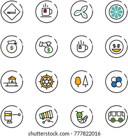 line vector icon set - smoking area sign vector, tea, three leafs, lemon slice, money bag, encashment, hot, smile, bungalow, hand wheel, forest, atom core, laser lever, xylophone, toy caterpillar