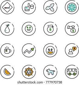 line vector icon set - smoking area sign vector, tonometer, three leafs, lemon slice, pear, dollar smile, money bag, encashment, hot tea, growth arrow, dialog, watermelone, hand wheel, toy horse