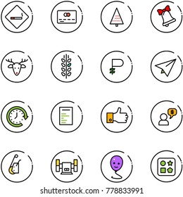 line vector icon set - smoking area sign vector, credit card, christmas tree, bell, deer, spica, ruble, paper plane, clock around, document, finger up, money dialog, winch, sharpening, balloon smile