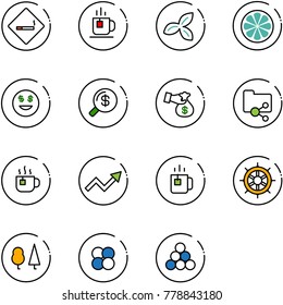 line vector icon set - smoking area sign vector, tea, three leafs, lemon slice, dollar smile, money search, encashment, shared folder, hot, growth arrow, green, hand wheel, forest, atom core