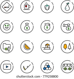 line vector icon set - smoking area sign vector, tea, sweet pepper, pear, dollar smile, money bag, encashment, shared folder, watermelone, bungalow, forest, playback, scythe, billiards balls