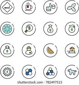 line vector icon set - smoking area sign vector, tea, tonometer, three leafs, lemon slice, money search, bag, manager, watermelone, bungalow, sun power, atom core, billiards balls, toy horse