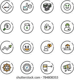 line vector icon set - smoking area sign vector, tonometer, big cash, dollar smile, money search, bag, hot tea, manager, growth arrow, dialog, bungalow, hand wheel, sun power, laser lever, xylophone