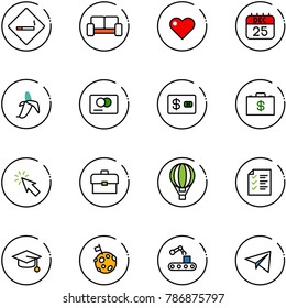 line vector icon set - smoking area sign vector, vip waiting, heart, 25 dec calendar, banana, credit card, money case, cursor, portfolio, air balloon, list, graduate hat, moon flag, conveyor
