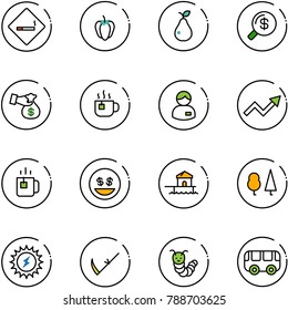 line vector icon set - smoking area sign vector, sweet pepper, pear, money search, encashment, hot tea, manager, growth arrow, green, smile, bungalow, forest, sun power, scythe, toy caterpillar, bus