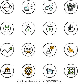 line vector icon set - smoking area sign vector, tonometer, three leafs, big cash, dollar smile, money bag, hot tea, growth arrow, dialog, watermelone, bungalow, hand wheel, toy horse, cube hole