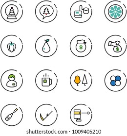 line vector icon set - snowball tree vector, merry christmas message, tonometer, lemon slice, sweet pepper, pear, money bag, encashment, manager, green tea, forest, atom core, chisel, scythe