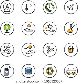 line vector icon set - snowball tree vector, ruble, clock around, paper fly, money, reading, palm, mountains, waves, flower, beer, mobile phone, cpu, nut, car