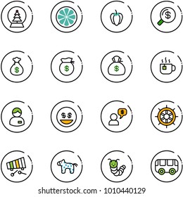 line vector icon set - snowball tree vector, lemon slice, sweet pepper, money search, bag, hot tea, manager, smile, dialog, hand wheel, xylophone, toy horse, caterpillar, bus
