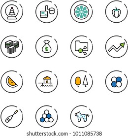 line vector icon set - snowball tree vector, tonometer, lemon slice, sweet pepper, big cash, money bag, shared folder, growth arrow, watermelone, bungalow, forest, atom core, chisel, billiards balls