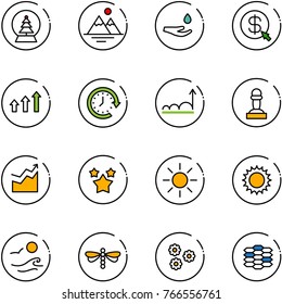 line vector icon set - snowball tree vector, mountains, drop hand, money click, arrows up, clock around, growth, pawn, stars, sun, waves, dragonfly, flower, carbon