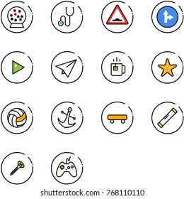 line vector icon set - snowball vector, stethoscope, artificial unevenness road sign, only forward right, play, paper plane, green tea, starfish, volleyball, anchor, skateboard, level, screw