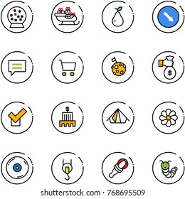 line vector icon set - snowball vector, santa sleigh, pear, detour road sign, chat, cart, moon flag, rich, check, bank building, tent, flower, cd, winch, beanbag, toy caterpillar
