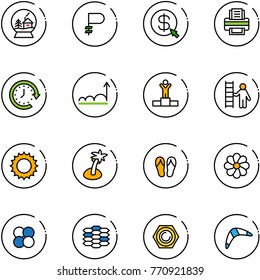 Line Vector Icon Set - Snowball House Vector, Ruble, Money Click, Printer, Clock Around, Growth, Winner, Opportunity, Sun, Palm, Flip Flops, Flower, Atom Core, Carbon, Nut, Boomerang