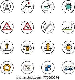 line vector icon set - snowball tree vector, mountains, tonometer, sun, round motion road sign, multi lane traffic, no limit, growth, winner, team leader, arrows up, photo, atom core, toy car