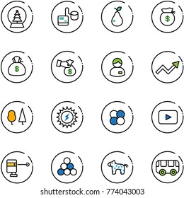 line vector icon set - snowball tree vector, tonometer, pear, money bag, encashment, manager, growth arrow, forest, sun power, atom core, playback, laser lever, billiards balls, toy horse, bus