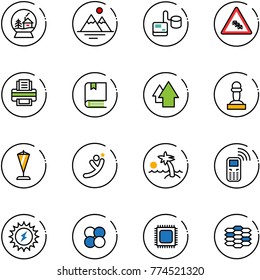 line vector icon set - snowball house vector, mountains, tonometer, multi lane traffic road sign, printer, book, arrow up, pawn, pennant, flying man, palm, mobile phone, sun power, atom core, cpu
