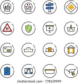line vector icon set - snowball house vector, road signpost sign, main, oncoming traffic, shield, presentation board, basket, envelope, pedestal, pennant, battery, basin, wheelbarrow