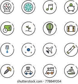 line vector icon set - snowball vector, lemon slice, music, piggy bank, wallet time, sproute, air balloon, suitcase, laser, record button, plane, level, screw, car toy, train, boat