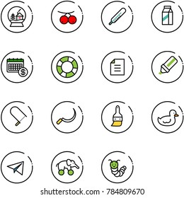 line vector icon set - snowball house vector, rowanberry, thermometer, milk, calendar, lifebuoy, document, highlight marker, fretsaw, sickle, brush, duck toy, paper plane, elephant wheel