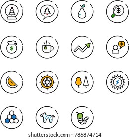 line vector icon set - snowball tree vector, merry christmas message, pear, money search, bag, hot tea, growth arrow, dialog, watermelone, hand wheel, forest, sun power, billiards balls, toy horse
