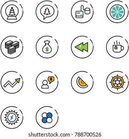 line vector icon set - snowball tree vector, merry christmas message, tonometer, lemon slice, big cash, money bag, fast backward, hot tea, growth arrow, dialog, watermelone, hand wheel, sun power