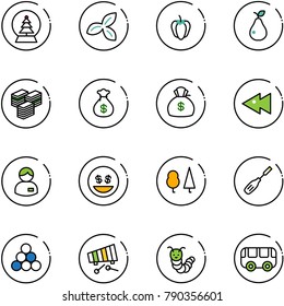 line vector icon set - snowball tree vector, three leafs, sweet pepper, pear, big cash, money bag, fast backward, manager, smile, forest, chisel, billiards balls, xylophone, toy caterpillar, bus