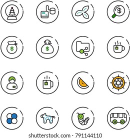 line vector icon set - snowball tree vector, tonometer, three leafs, money search, bag, shared folder, hot tea, manager, green, watermelone, hand wheel, atom core, toy horse, caterpillar, bus