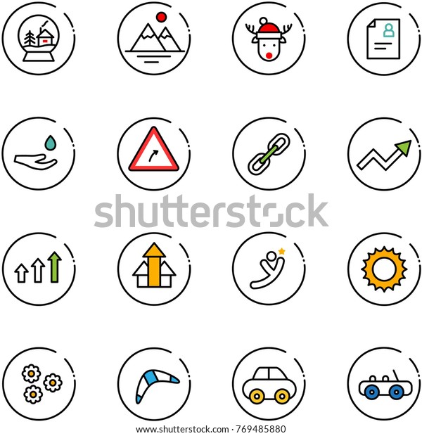 line vector icon set - snowball house vector,\
mountains, christmas deer hat, patient card, drop hand, turn right\
road sign, link, growth arrow, arrows up, flying man, sun, flower,\
boomerang, car