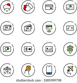 line vector icon set - snowfall vector, gloves, credit card, tap pay, account statistics, signpost, outdoor cafe, kite, mobile phone