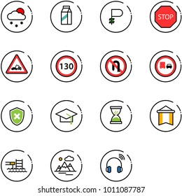 line vector icon set - snowfall vector, milk, ruble, stop road sign, car crash, speed limit 130, no turn back, truck overtake, shield cross, graduate hat, sand clock, pennant, pool, mountains