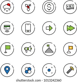 Line Vector Icon Set - Snowfall Vector, Holly, Dollar Coin, Cash, Tap Pay, Phone, Right Arrow, Fast Forward, Flag, Megaphone, Pyramid, Navigation Pin, Atom Core, Record Button, Screw