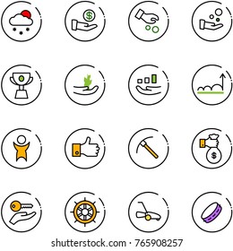 line vector icon set - snowfall vector, investment, cash pay, cup, hand sproute, growth, success, finger up, rock axe, rich, key, wheel, lawn mower, tambourine