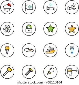 line vector icon set - snowfall vector, first aid room, hospital bed, cash pay, gear, locked, star, starfish, ice cream, woman hat, cruiser, laser, rubber hammer, screw, oiler, lever