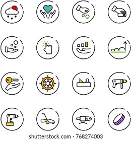 line vector icon set - snowfall vector, heart care, investment, card pay, cash, hand touch, growth, key, wheel, jointer, drill machine, lawn mower, pipe welding, tambourine
