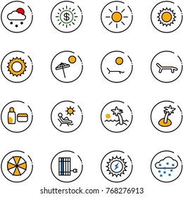 line vector icon set - snowfall vector, dollar sun, beach, lounger, uv cream, palm, parasol, panel, power, snow