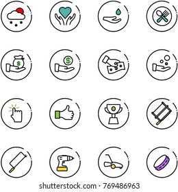 line vector icon set - snowfall vector, heart care, drop hand, fork spoon plate, investment, cash pay, touch, like, cup, bucksaw, metal hacksaw, drill, lawn mower, tambourine