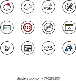 line vector icon set - snowfall vector, lemon, drop hand, fork spoon plate, schedule, speed limit 130 road sign, end overtake, cursor browser, satellite antenna, terms plan, plane toy